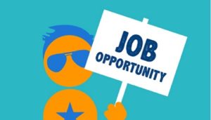 cartoon character holding a sign stating "job opportunity" for the health and wellness specialist position